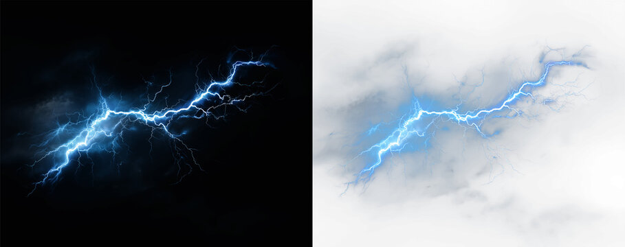 Lightning strike ethereal blue electric discharge appearing through dense white smoke and fog clouds overlay thunder effect png