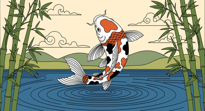 A vibrant koi fish jumping gracefully out of a tranquil pond, surrounded by lush bamboo trees and traditional Asian clouds in a serene oriental landscape.