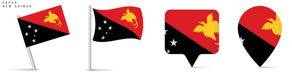 Papua New Guinea flag icons set including waving flag on pole, rectangular location marker and map pin shape. National symbol isolated on white background for travel and geography themes. © Ivan Burchak