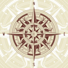 Fototapeta premium Maritime emblem design, nautical compass, vintage maritime illustration showcasing detailed compass with eight