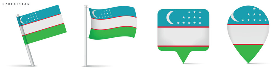 Set of Uzbekistan flag icons featuring waving flag on pole, rectangular location marker and map pin icon. National symbol isolated on white background for travel and geography themes. © Ivan Burchak