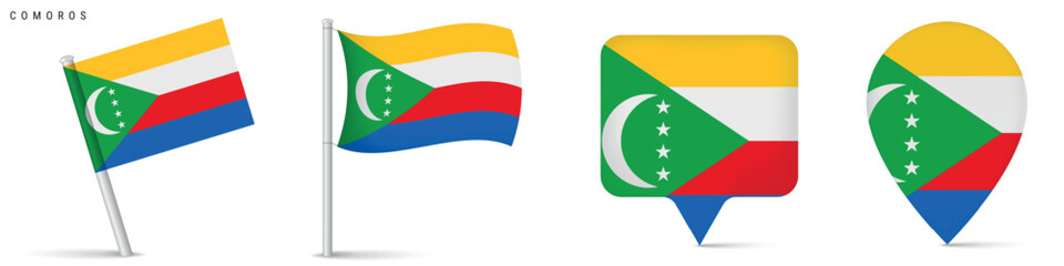 Set of Comoros flag icons including waving flag on pole, rectangular location marker and map pin icon. National symbol isolated on white background for travel and geography themes. © Ivan Burchak