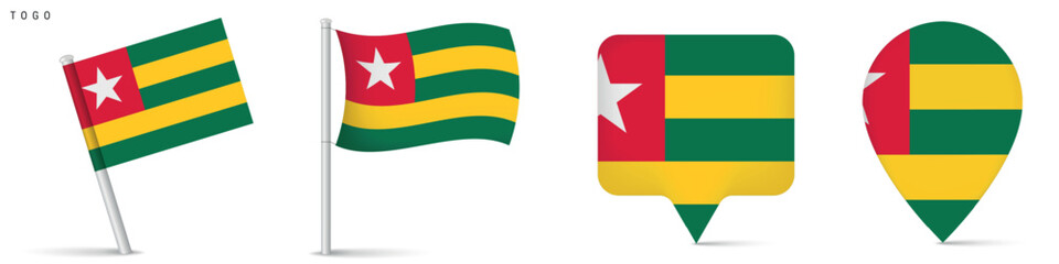 Togo flag icon collection including waving flag on pole, rectangular location marker and map pin shape. National symbol isolated on white background for travel and geography themes. © Ivan Burchak