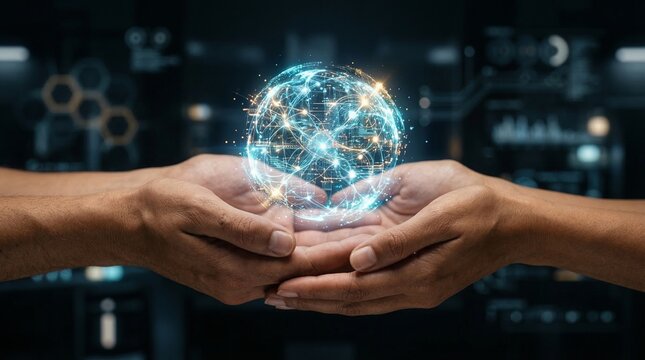 Hands Holding Glowing Global Network Sphere with Digital Background