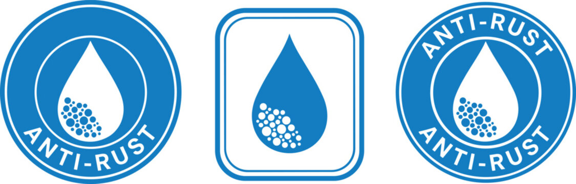 Anti rust protection label set with water drop and corrosion particles vector illustration for metal protection and industrial packaging