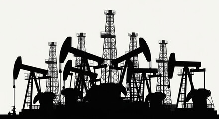 Silhouette of oil derricks and pump jacks against a white background.