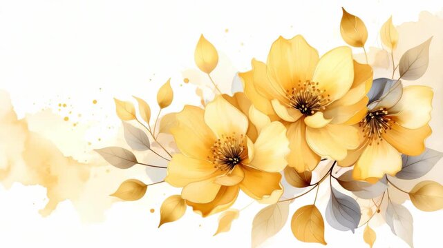 Golden yellow floral arrangement with soft watercolor texture and delicate leaves
