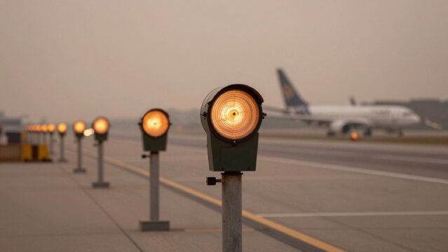 Taken airport during sunrise sunset foreground features row metal traffic lights mounted concrete pavement eac