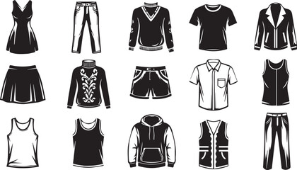 Naklejka premium Fashion Clothing Vector Icon Set – Dresses, Shirts and Pants