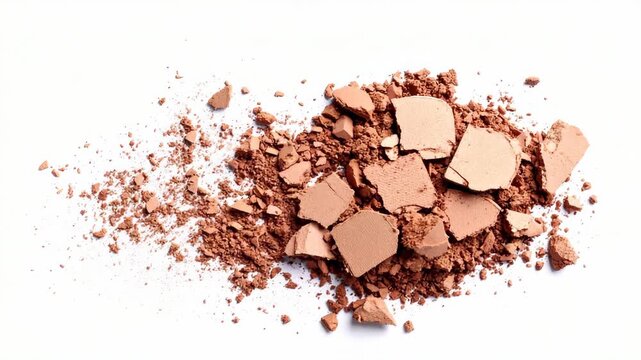 Broken powder makeup scattered into small pieces and dust against white background