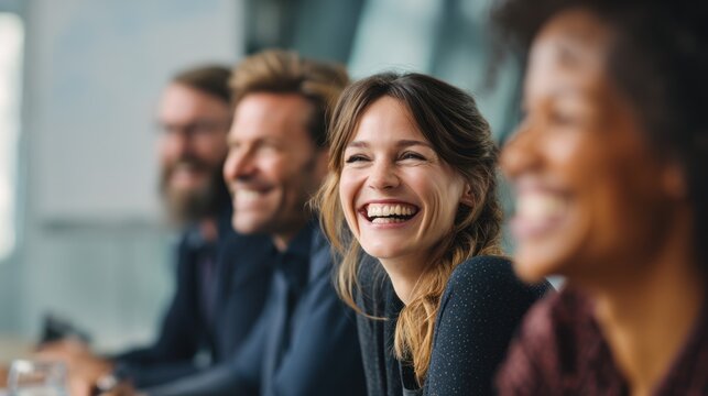 A group of people smiling candidly during a meeting, sharing a lighthearted moment.