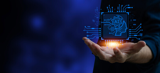 Futuristic AI Chip Illuminated, Illustrating the merging of Human Intellect and Technological...