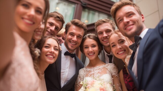 A group of wedding guests posing for a photo with the bride and groom after the ceremony.