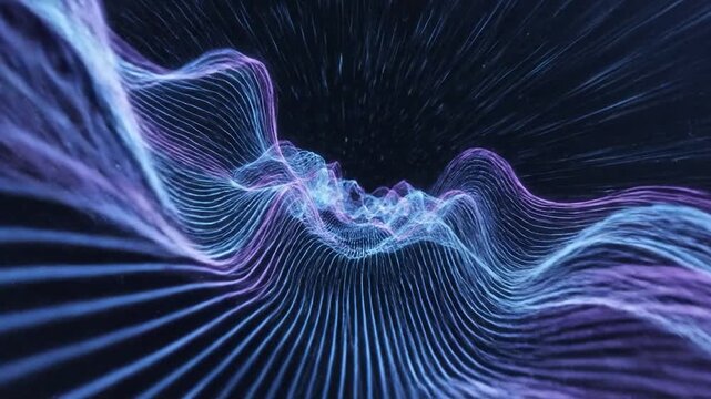 Abstract glowing blue and purple lines flow dynamically across a dark background