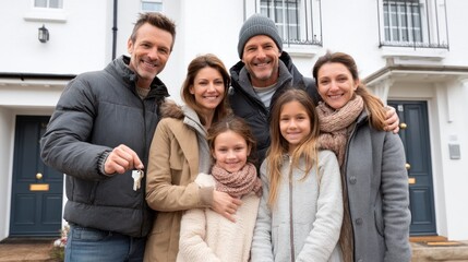 Obraz premium A happy family standing in front of their new home, smiling with excitement as they hold the keys.