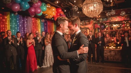 Obraz premium A happy gay wedding couple sharing their first dance at their wedding reception, surrounded by rainbow decor.