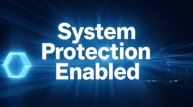 Digital security message 'System Protection Enabled' displayed on a futuristic blue abstract technology background.