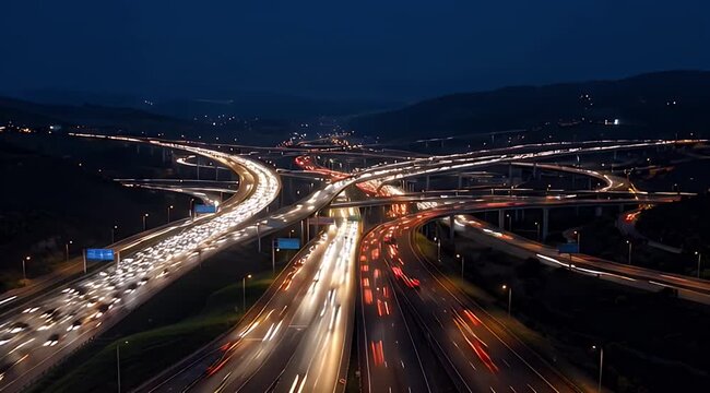 Complex highway interchange at night, busy with blurred vehicle light streaks