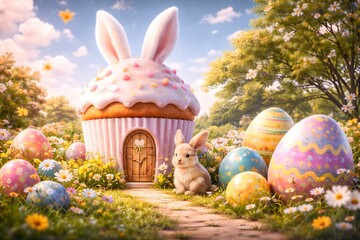 Fototapeta premium Sweet bunny sitting by a whimsical cupcake house surrounded by colorful easter eggs and spring flowers