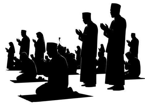 tes of muslim men and women praying together, crowd, floor, gathering, leader, man, person, pilgrim, pillar, prayer, preacher, profile, religion, religious, robe, stand, against transparent background