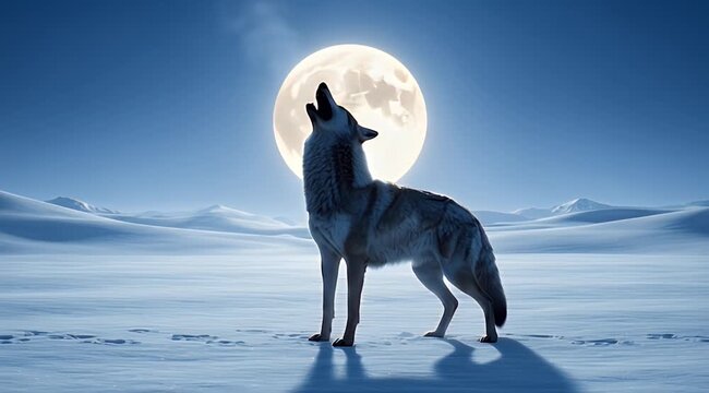 Howling wolf under a luminous full moon in an expansive, icy, blue-tinted wilderness