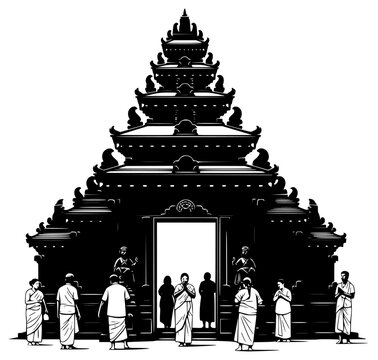 ple with silhouettes of people standing in front, black, building, doorway, illustration, man, monk, pagoda, person, pillar, profile, robe, shrine, stand, temple, white, against transparent background