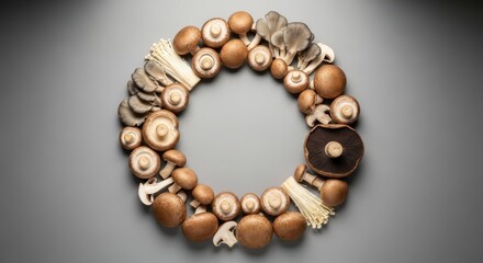 Obraz premium Assortment of fresh mushrooms arranged in a circular wreath on a gray background
