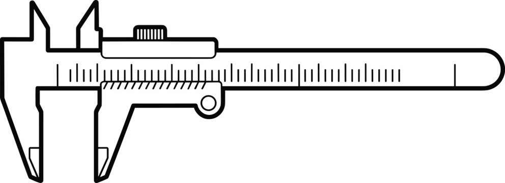A black and white line of a caliper measuring tool with a sliding scale and jaws line black and white