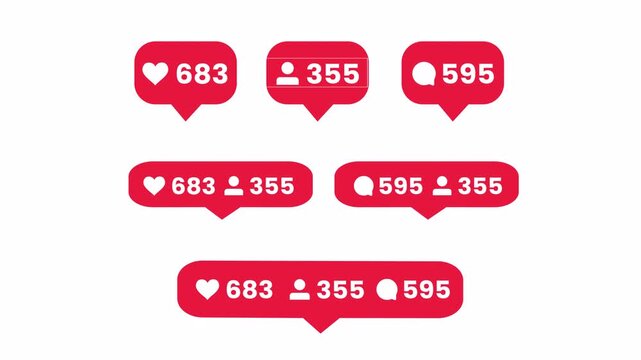 Animated social media notification set with floating motion showing likes and engagement. Digital interaction collection in modern interface style.
