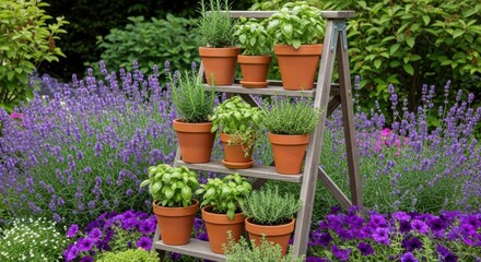 Fototapeta premium A beautiful herb garden display featuring potted basil, rosemary, and thyme on a wooden ladder shelf