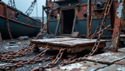 The image depicts the weathered deck of an abandoned ship, with rusted chains and metal surfaces showing signs of age and corrosion