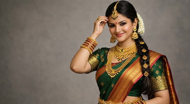 Smiling Indian bride touching hair while wearing bridal jewelry and traditional attire elegant wedding portrait ideal for bridal fashion advertisement beauty promotion