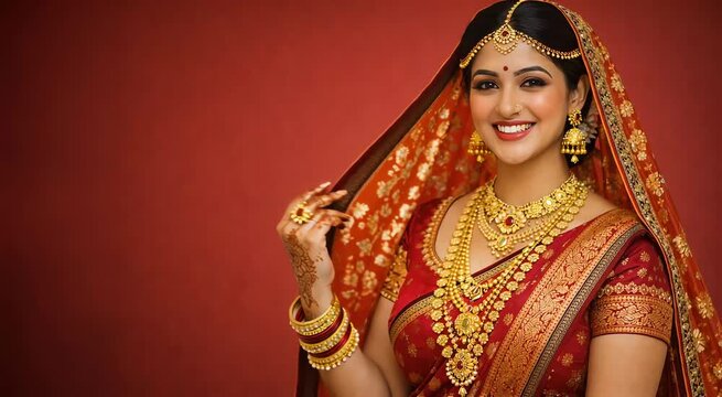 Smiling Indian bride lifting bridal veil while wearing red saree and gold jewelry graceful wedding portrait ideal for marriage advertisement fashion promotion culture branding