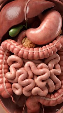 Detailed 3d rendering of human internal organs, including digestive system and vital anatomy, suitable for medical education, healthcare content, scientific research, and biological studies.