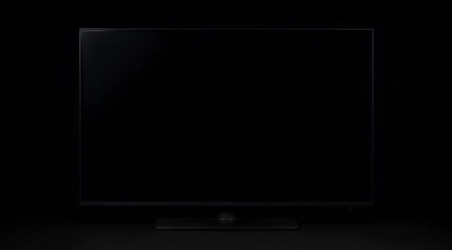 Modern flat screen TV on stand, blank black television display in dark room, minimalist home cinema monitor mockup for video presentation