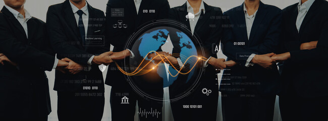 A professional business team stands confidently while showcasing global data analytics and digital technology, emphasizing collaboration and innovation in corporate success. Trope © InfiniteFlow