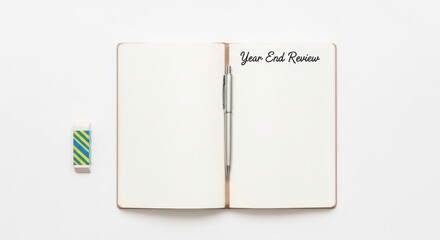 Open Notebook with Pen and "Year End Review" Text, Ready for Planning and Reflection