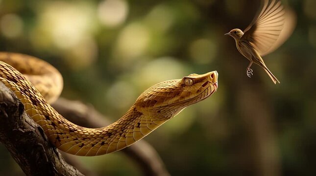 Hyper realistic slow motion shot of a golden lancehead snake (Bothrops insularis) launching a lightning fast strike from a branch toward a small bird passing nearby