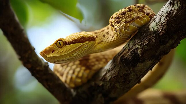Ultra realistic wildlife footage of a golden lancehead snake Bothrops insularis coiled around a tree branch in a tropical island forest