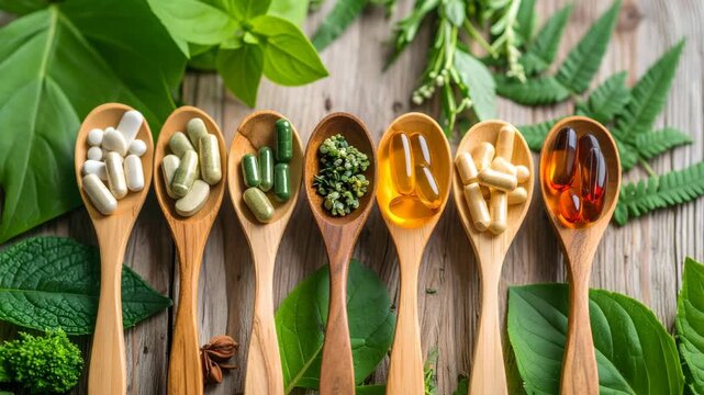Variety of natural health supplements and herbs displayed in wooden spoons