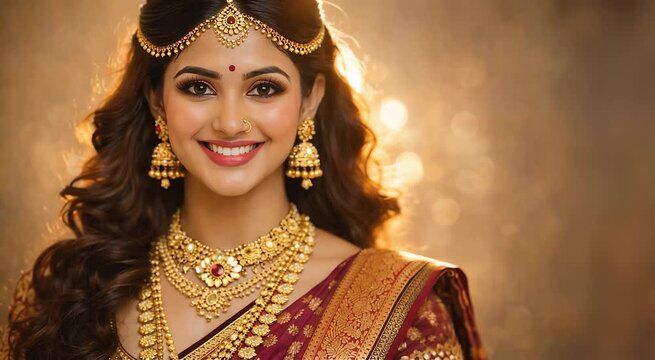 Indian bride with closed eyes wearing bridal jewelry and traditional saree serene beauty portrait ideal for bridal makeup advertisement wedding fashion promotion