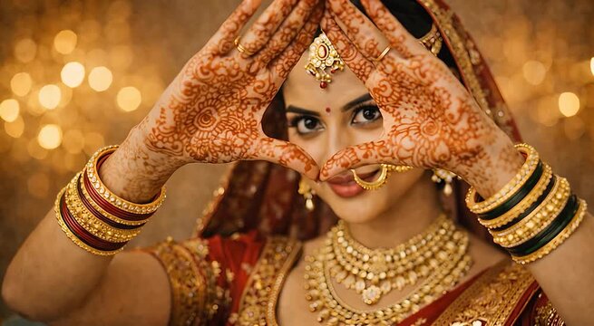Indian bride forming heart shape with mehndi hands in front of face smiling in bridal jewelry romantic wedding portrait ideal for bridal advertisement celebration promotion