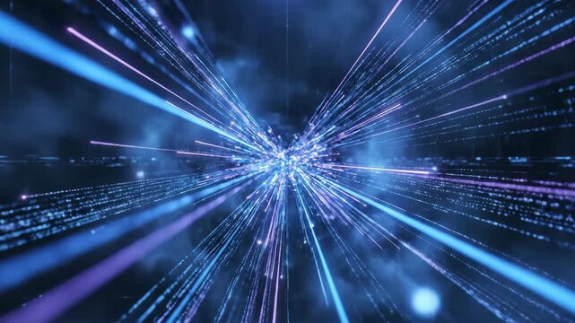 Abstract video of blue and purple light beams bursting through a dark digital tunnel representing high speed data transfer and connectivity.