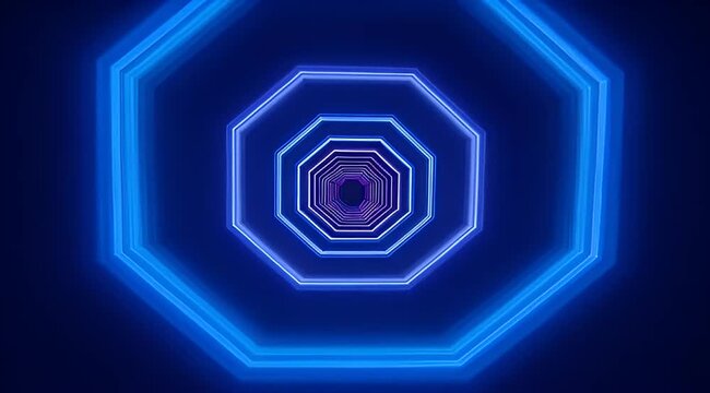 Futuristic blue neon tunnel with glowing octagon shapes, abstract geometric light corridor, high-tech motion background for music videos and events