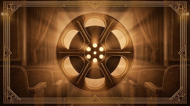 Vintage film reel illuminated in a dimly lit, ornate movie theater with plush seating.
