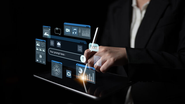 Prompt driven AI interface enabling text, image vision, audio and media video data neural asset and tool in smart creation chat workspace edit. Future NLP AI native visual reasoning omni model. Corpus