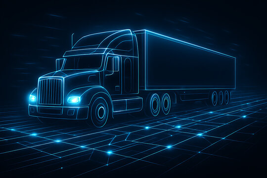 Advanced glowing truck hologram showing futuristic transportation freight management and logistics system technology