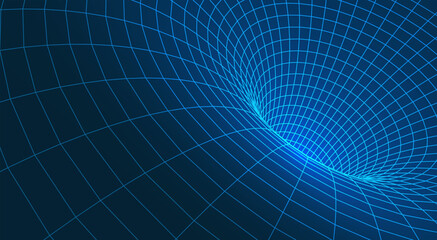 Abstract 3D wireframe mesh tunnel with digital network grid and blue neon glowing perspective for technology, science, and space wormhole design, futuristic structure vector illustration. © ludmila_m