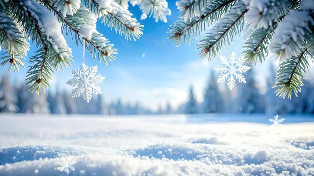 Snow covered pine branches with hanging snowflake ornaments against a bright blue winter sky