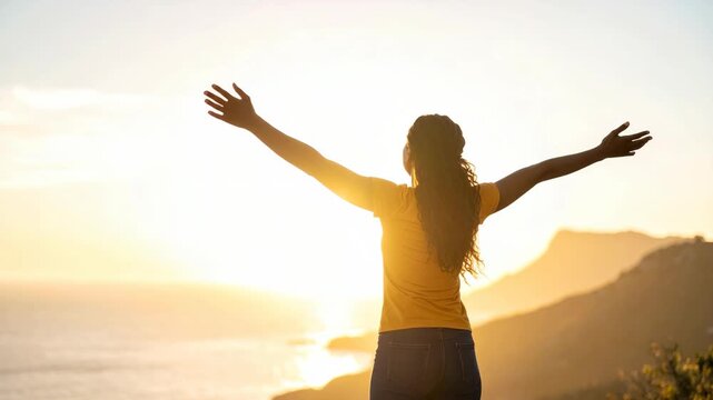 Woman with arms outstretched embracing the golden sunrise over a coastal landscape.